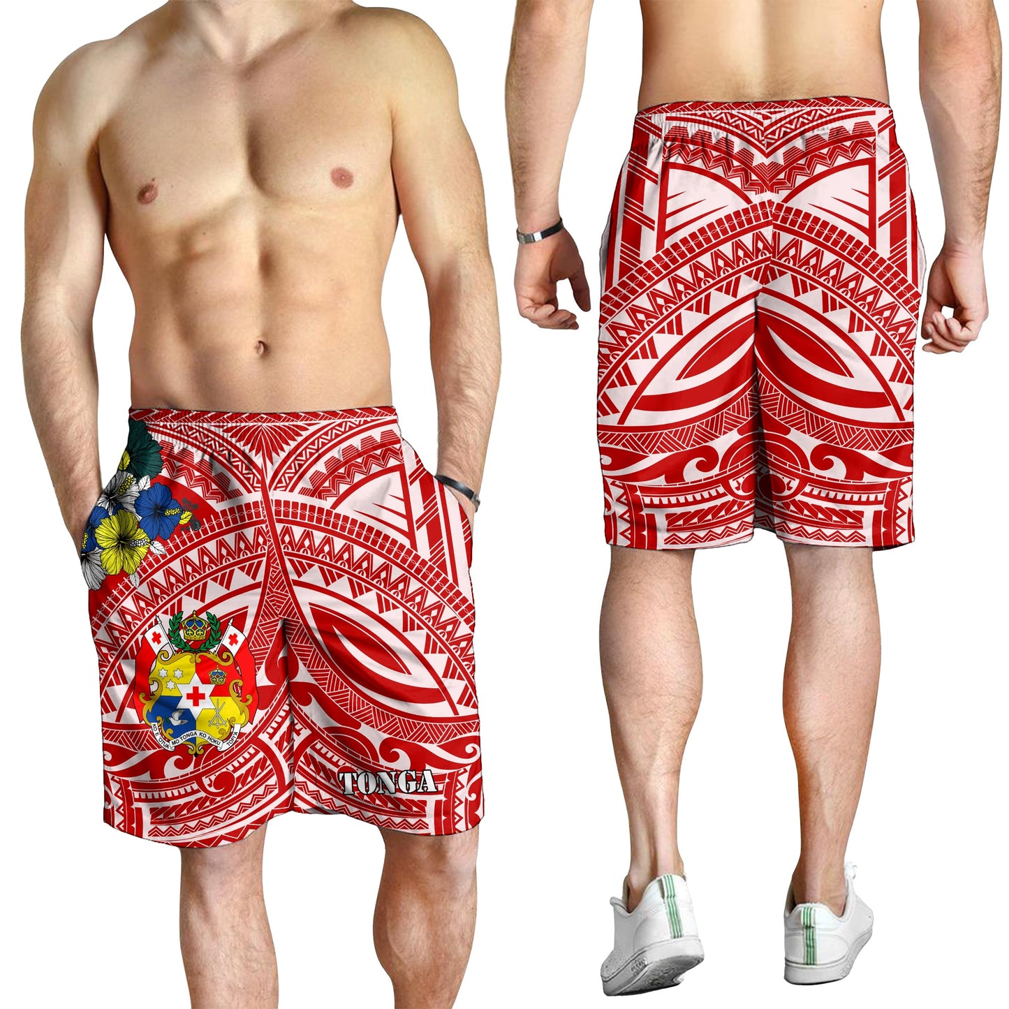 Tonga Herren Bermuda Shorts - Polynesisches Muster Rote Farbe LT7