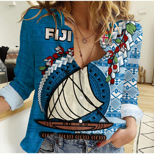 Fiji Women Casual Shirt Fijian Drua Mix Tagimaucia Flower Blue Style LT14 Female Blue - Polynesian Pride
