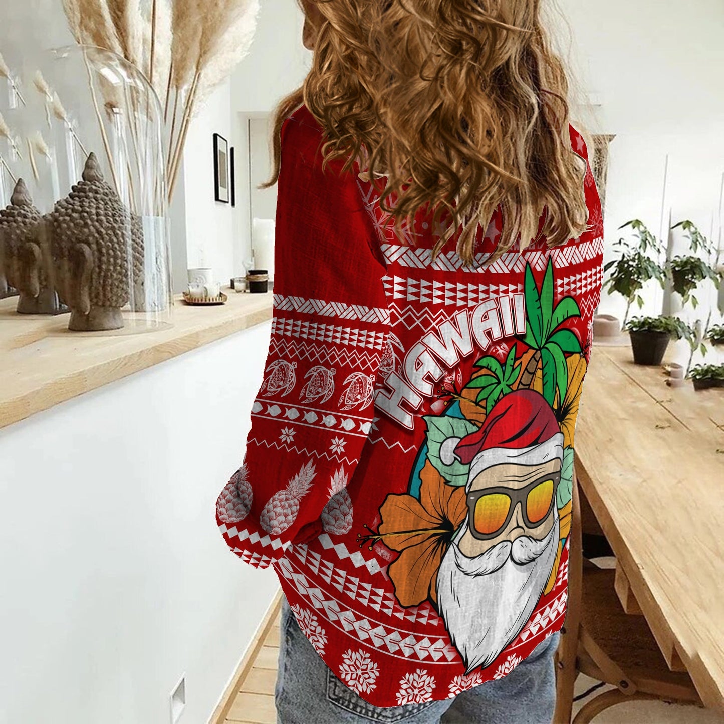 Hawaii Weihnachten Damen Freizeithemd Mele Kalikimaka - Tropical Santa LT7