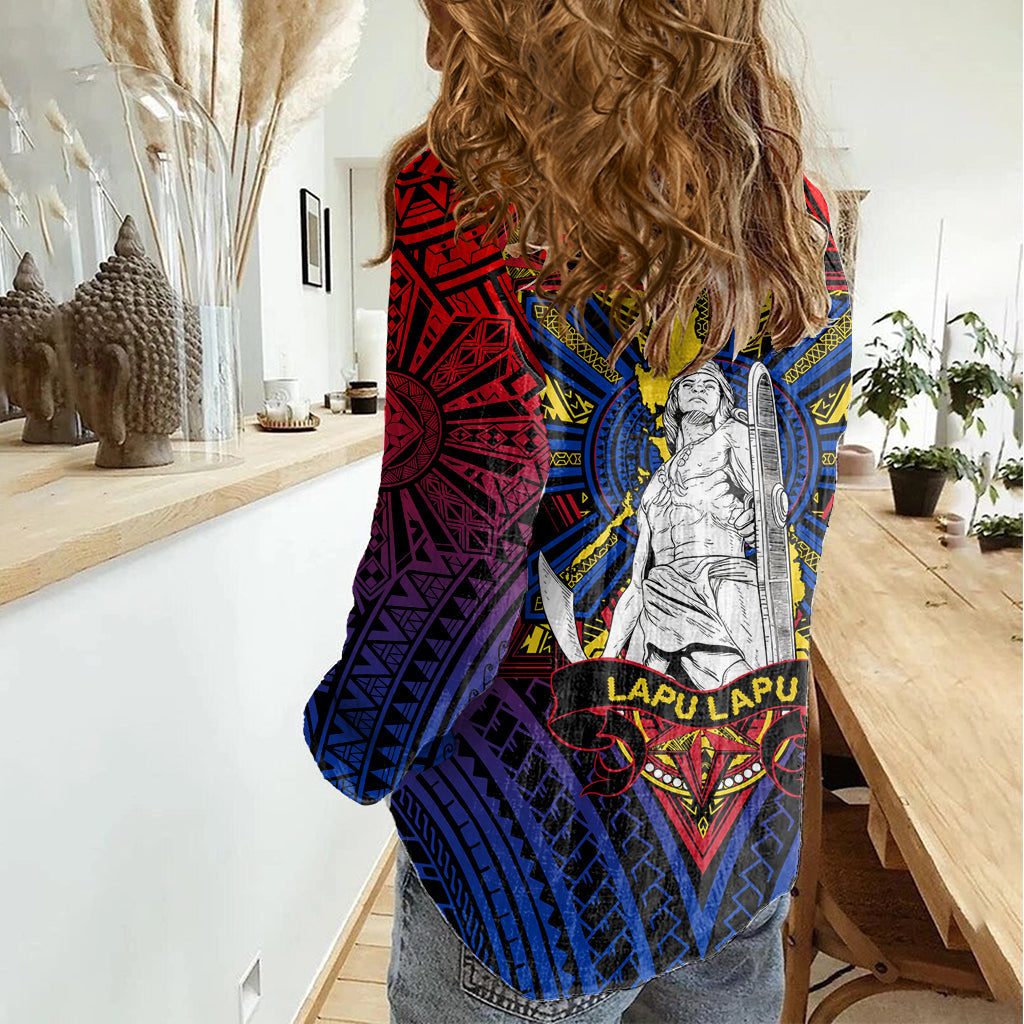 Filipinos Lapu-Lapu Hero Damen Freizeithemd Philippinen Flagge und Sonne DT02