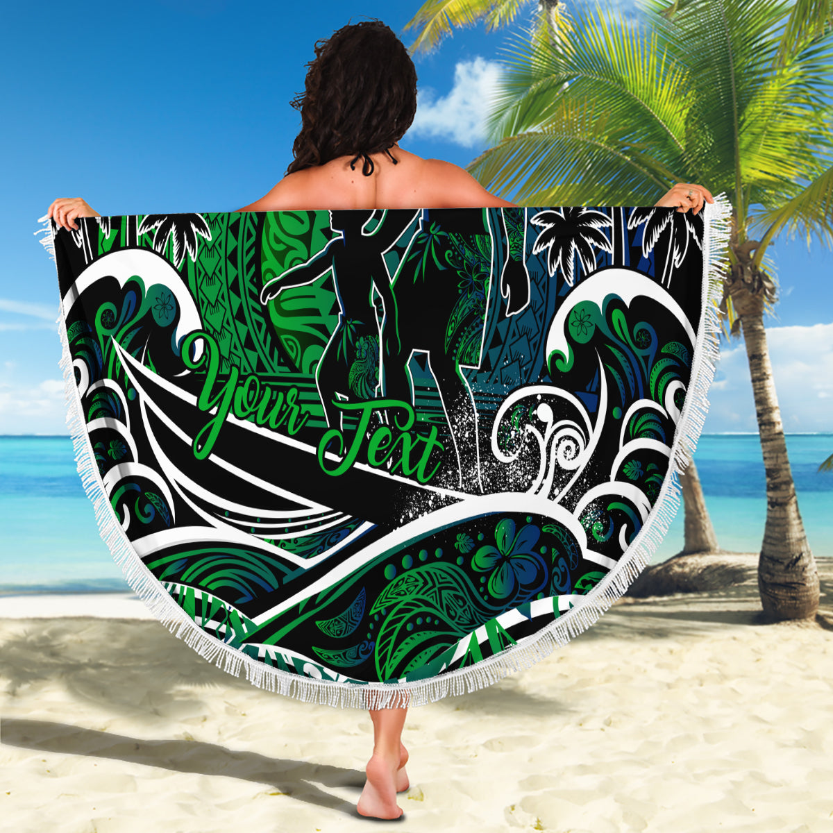 Samoa Siapo Motiv und Tapa Muster Halbstil Stranddecke Schwarz Farbe LT03