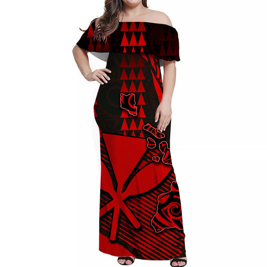 Hawaii Kanaka Map Off Shoulder Long Dress Red Color Style LT6 Long Dress Red - Polynesian Pride