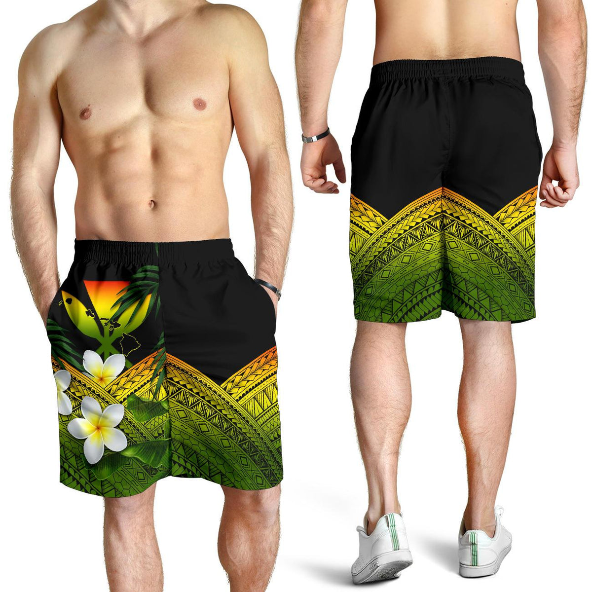 Kanaka Maoli (Hawaii) Herren Bermudas Shorts, Polynesische Plumeria Bananenblätter Reggae