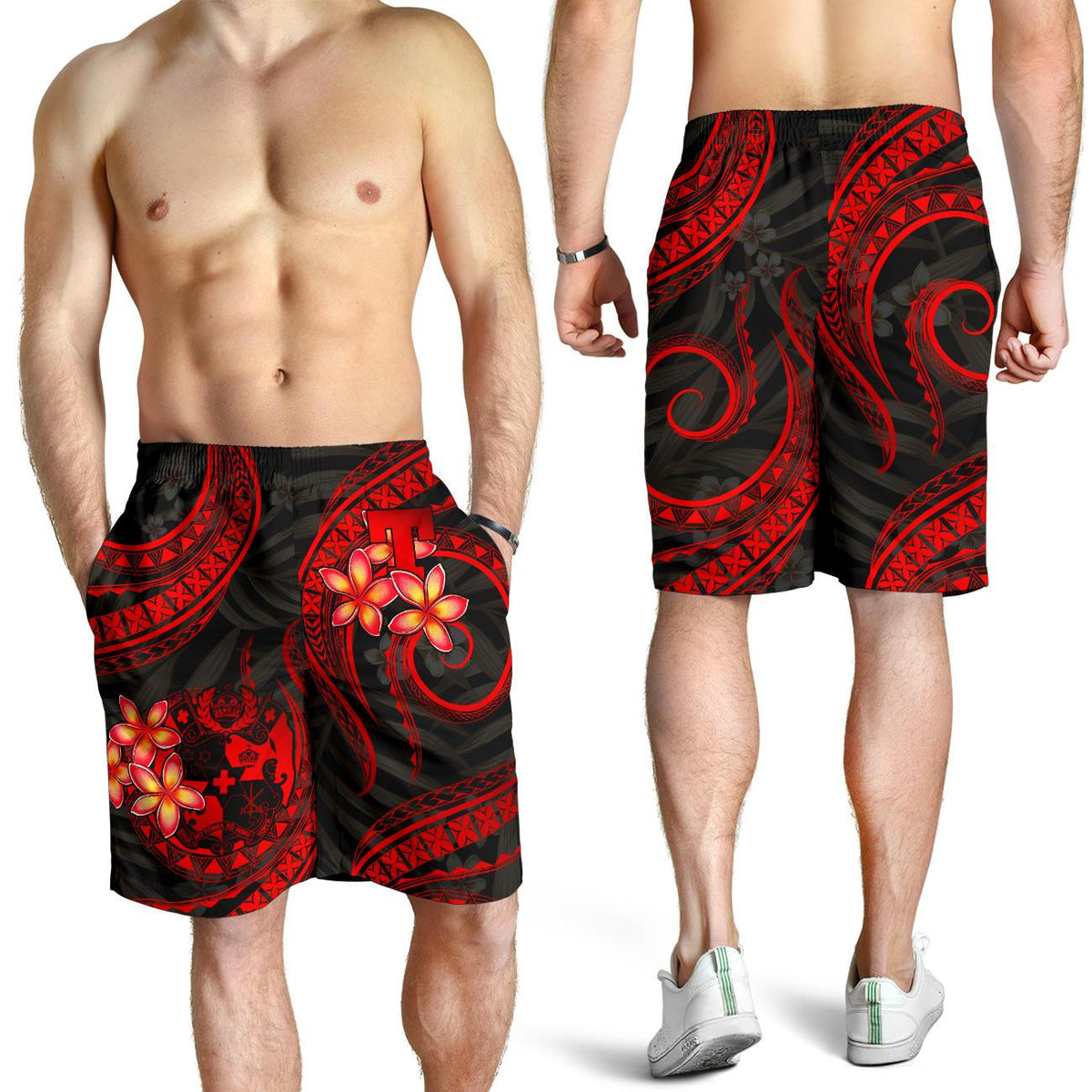Tonga Polynesian Men Bermudas Shorts - Rote Plumeria