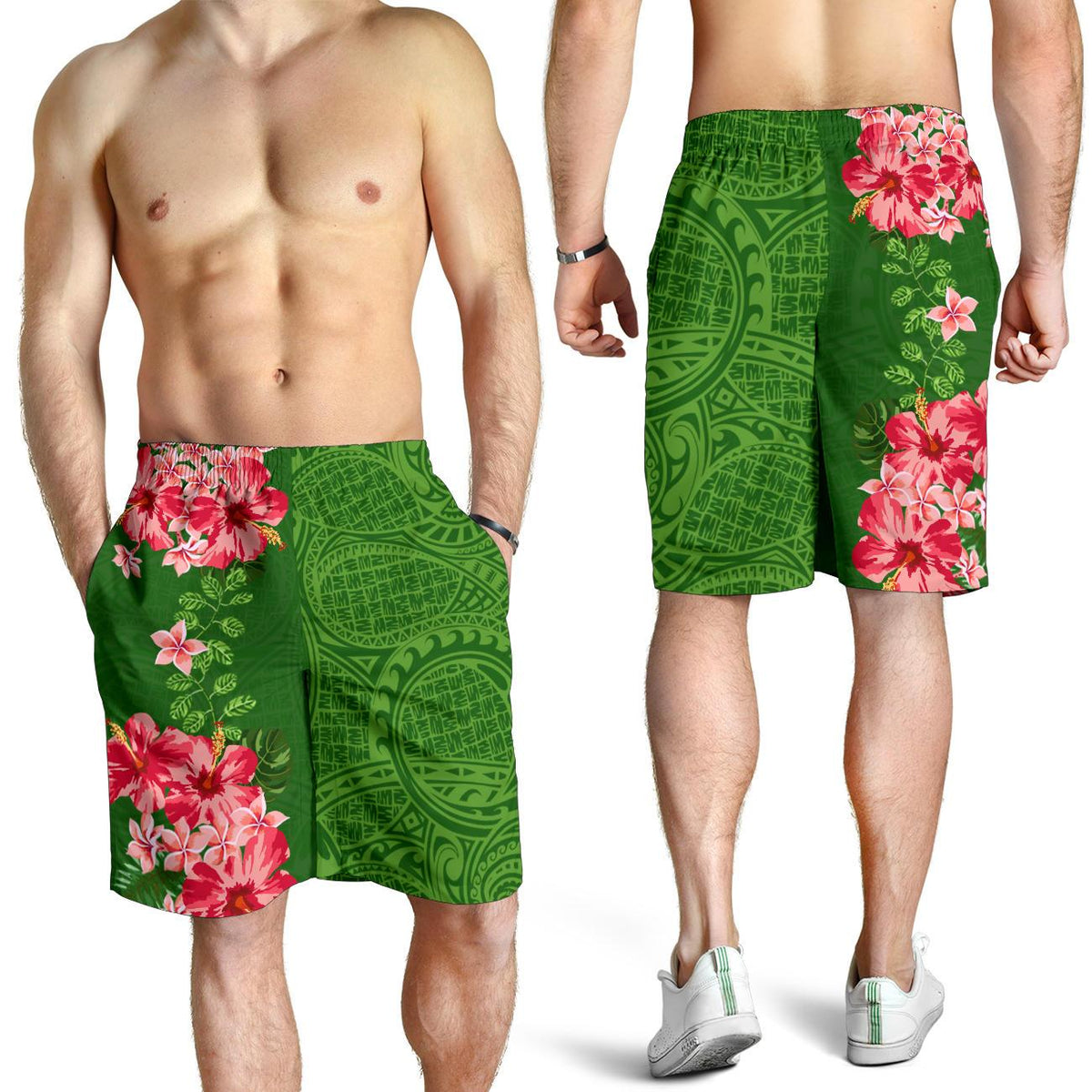 Hawaii Tropische Blumen Polynesische Herren Bermudas Shorts - Curtis Style - Grün