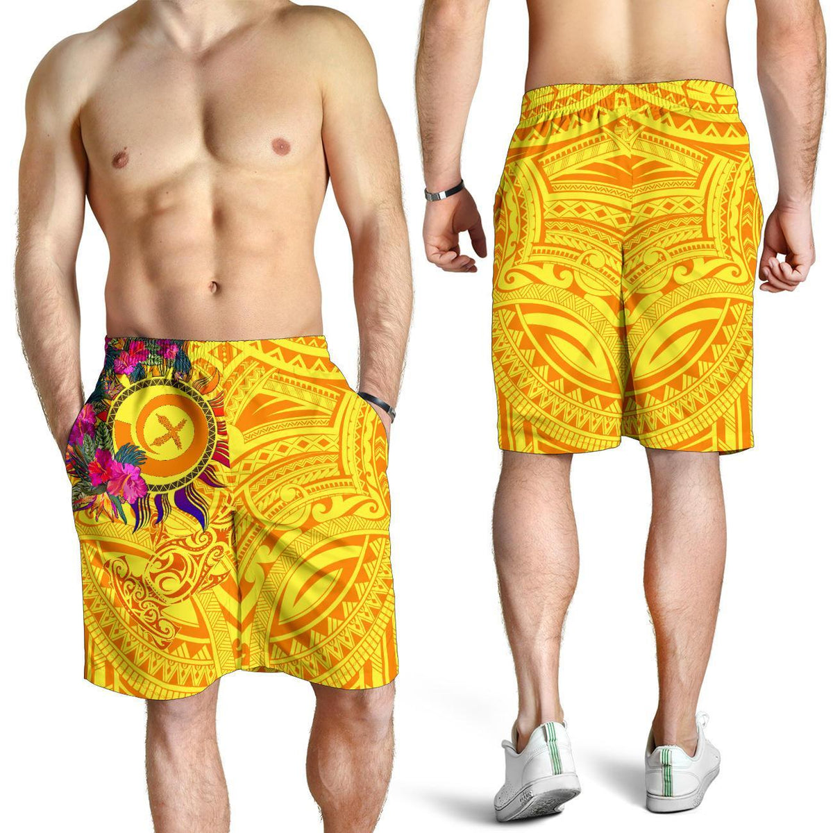 Polynesian Bermudas Shorts Herren - Vanuatu Symbole mit Hibiskus