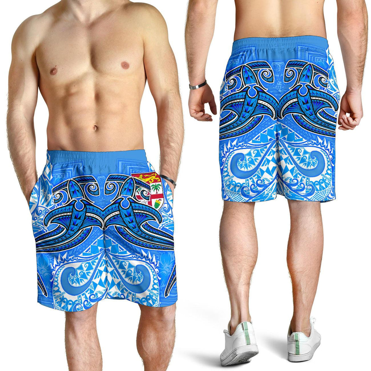 Fiji Bermuda Shorts für Herren - Blauer Hai Polynesian Tattoo