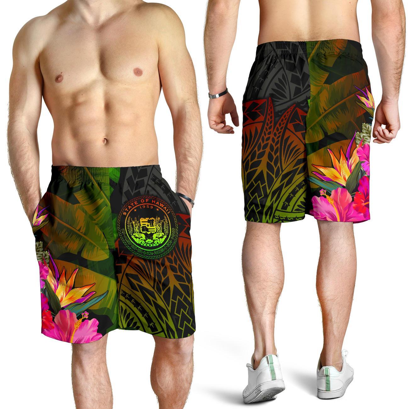 Polynesian Hawaii Polynesianische Herren Bermudas Shorts - Hibiskus und Bananenblätter