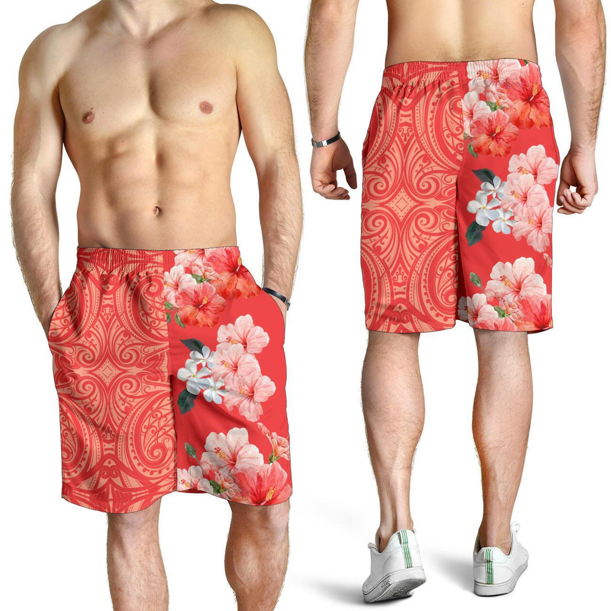 Hawaii Hibiskus Blume Polynesische Herren Bermuda Shorts - Curtis Style - Orange