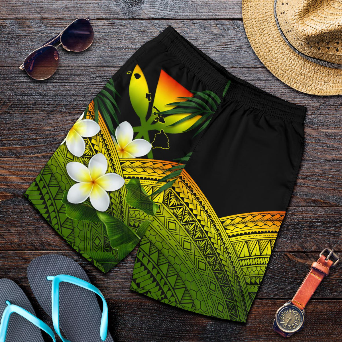 Kanaka Maoli (Hawaii) Herren Bermudas Shorts, Polynesische Plumeria Bananenblätter Reggae