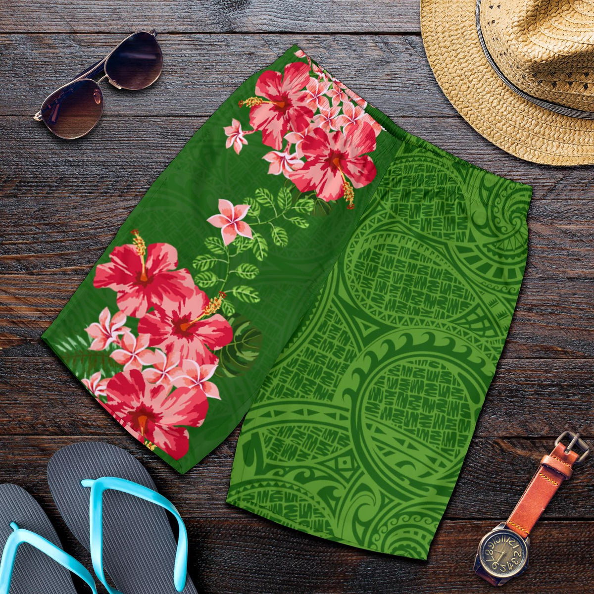 Hawaii Tropische Blumen Polynesische Herren Bermudas Shorts - Curtis Style - Grün