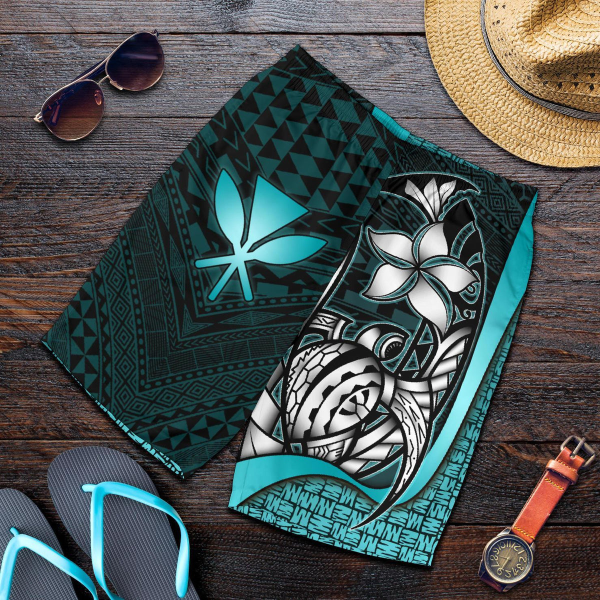 Polynesian Hawaii Herren Bermudas Shorts Türkis - Schildkröte mit Haken