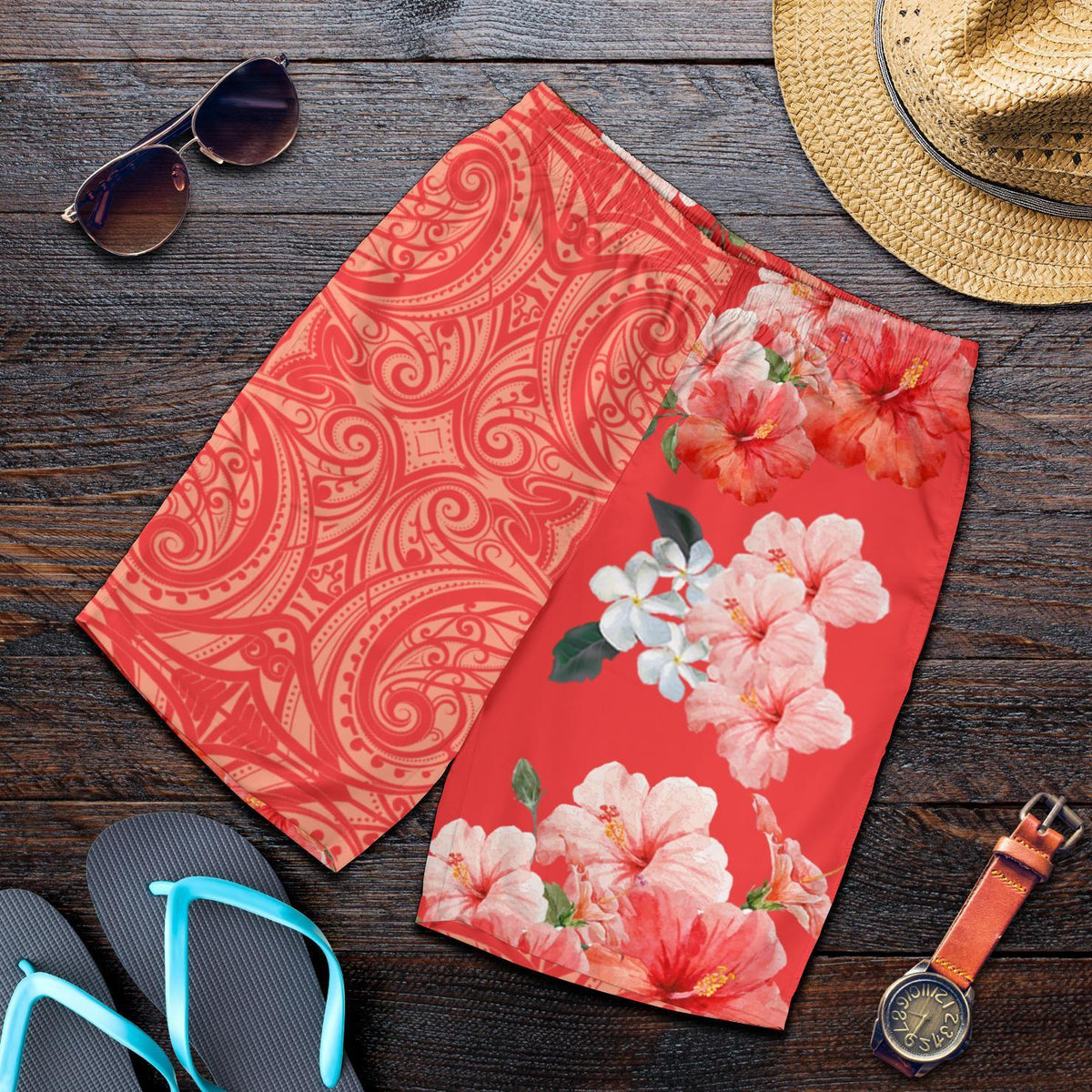 Hawaii Hibiskus Blume Polynesische Herren Bermuda Shorts - Curtis Style - Orange