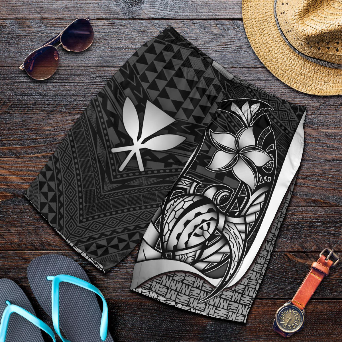 Polynesian Hawaii Herren Bermudas Shorts Weiß - Schildkröte mit Haken