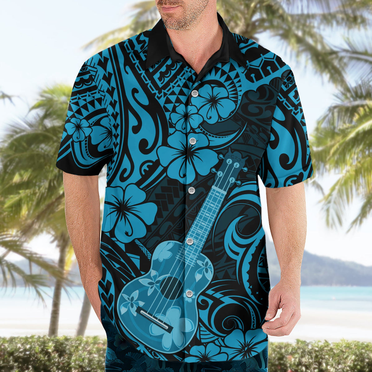 Hawaii-Ukulele, Hawaiihemd, polynesisches Muster, himmelblau, Version LT01