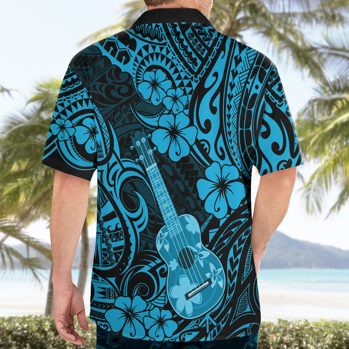 Hawaii-Ukulele, Hawaiihemd, polynesisches Muster, himmelblau, Version LT01