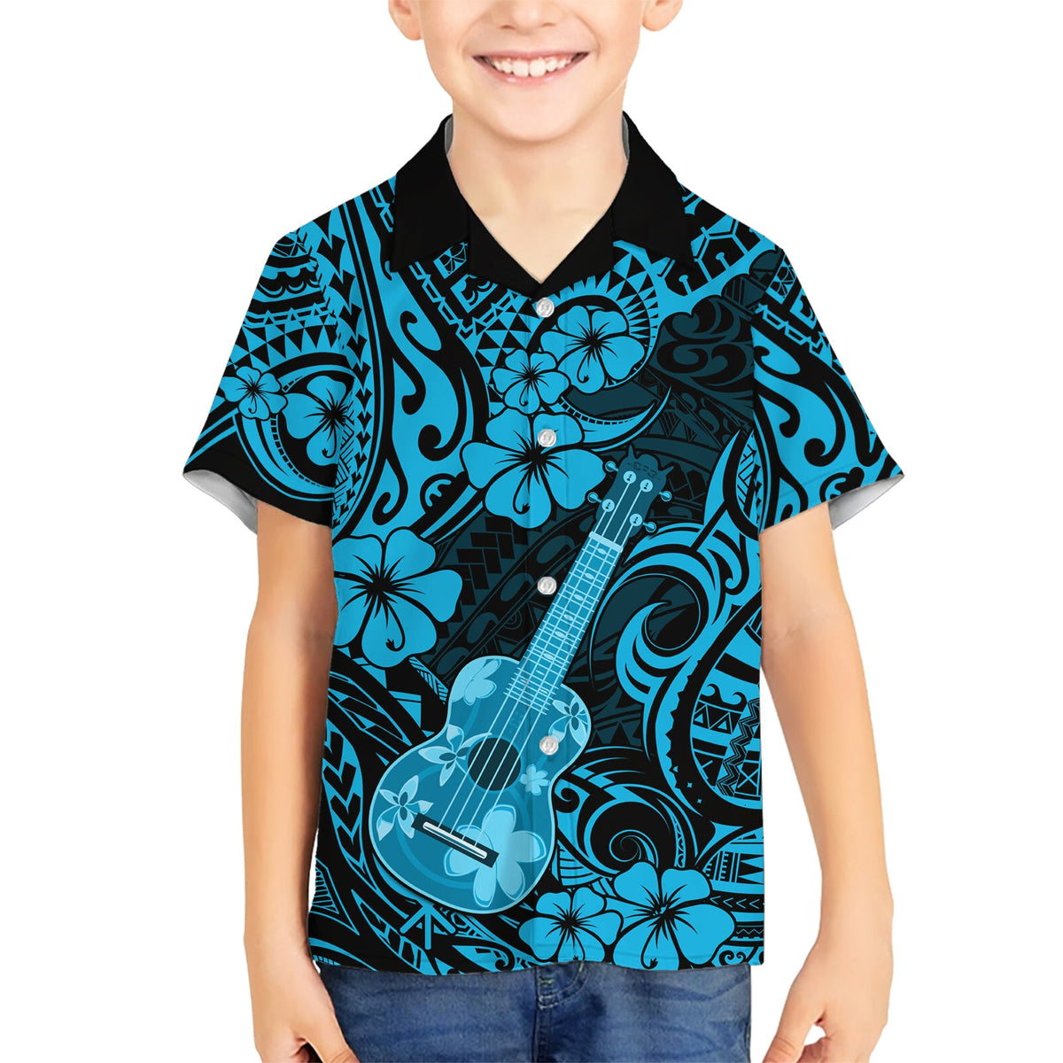Hawaii-Ukulele, Hawaiihemd, polynesisches Muster, himmelblau, Version LT01