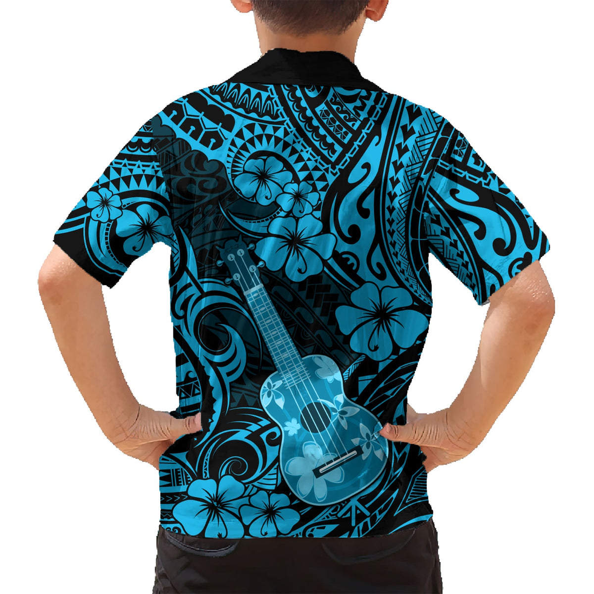 Hawaii-Ukulele, Hawaiihemd, polynesisches Muster, himmelblau, Version LT01