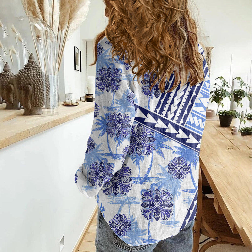 Hawaii Quilt Damen Freizeithemd Kakau Polynesianisches Muster Blau Version LT01