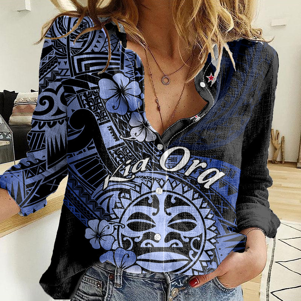Aotearoa Kia Ora New Zealand Ta Moko Blue Version Women Casual Shirt LT01 Female Blue - Polynesian Pride