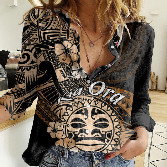 Aotearoa Kia Ora New Zealand Ta Moko Gold Version Women Casual Shirt LT01 Female Gold - Polynesian Pride