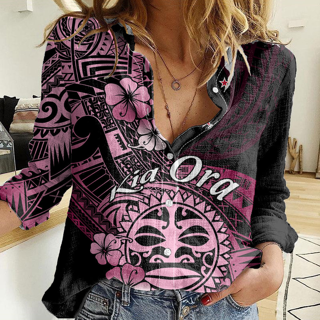Aotearoa Kia Ora New Zealand Ta Moko Pink Version Women Casual Shirt LT01 Female Pink - Polynesian Pride