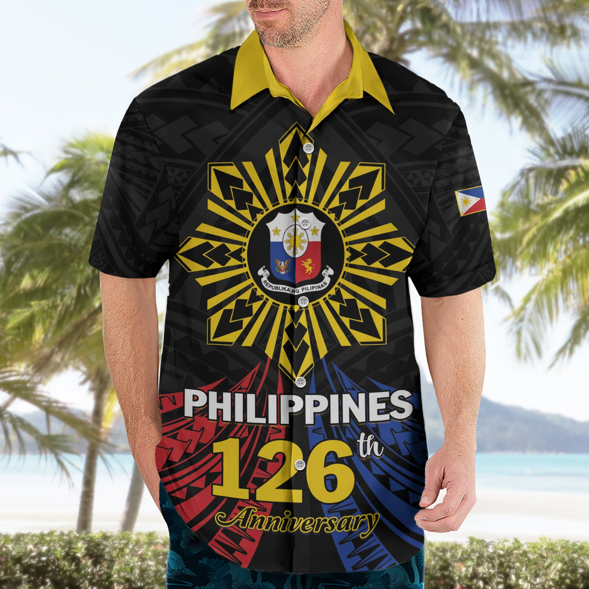 Personalisiertes Hawaiihemd zum Unabhängigkeitstag der Philippinen, 126. Jahrestag, Sonnentattoo LT01