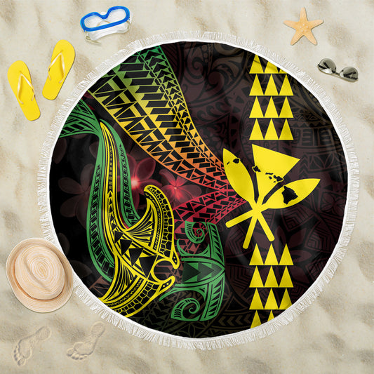 Hawaii Kakau Hammerhead Shark Beach Blanket Neon Plumeria Pattern