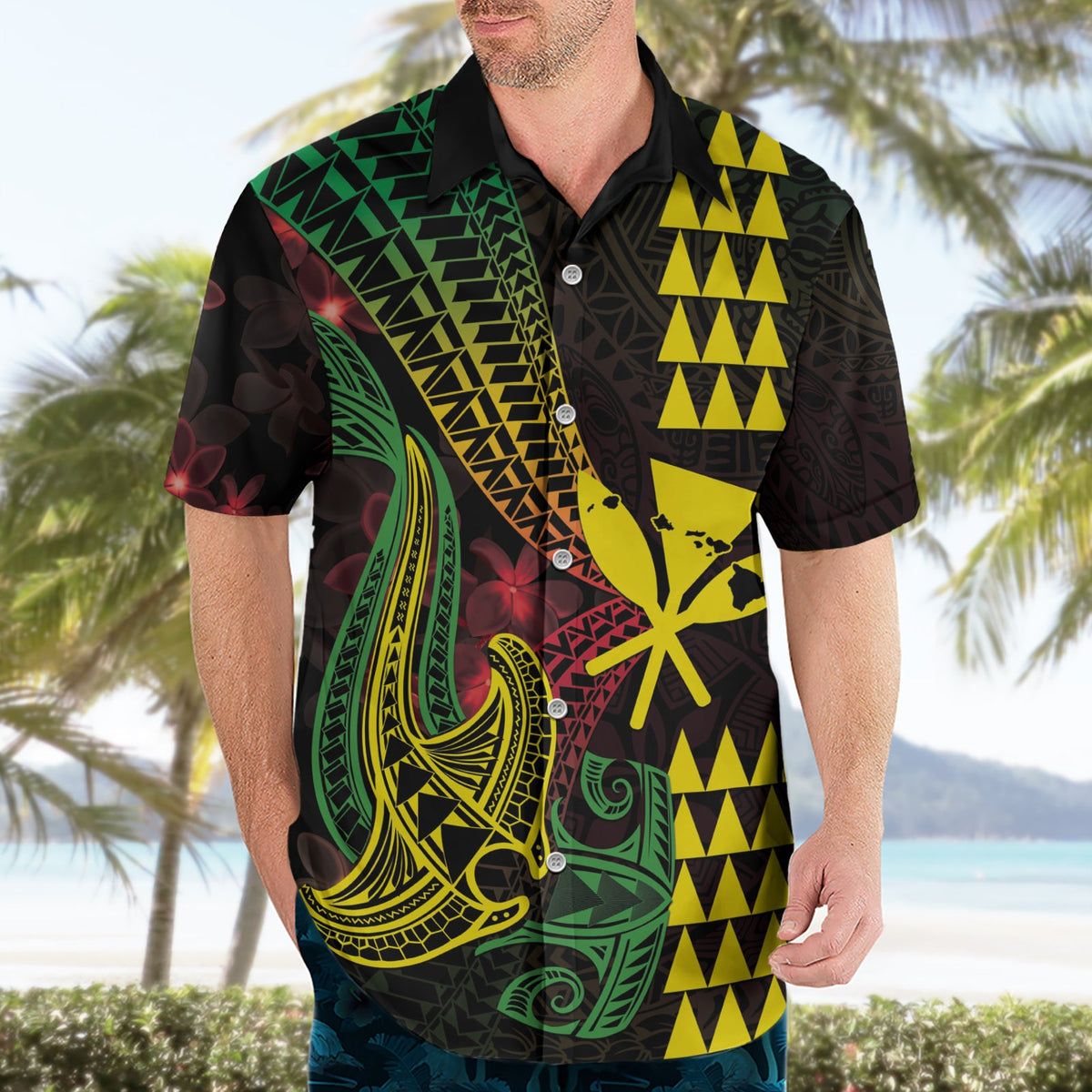 Hawaii Kakau Hammerhai Hawaiihemd Neon Plumeria Muster LT01