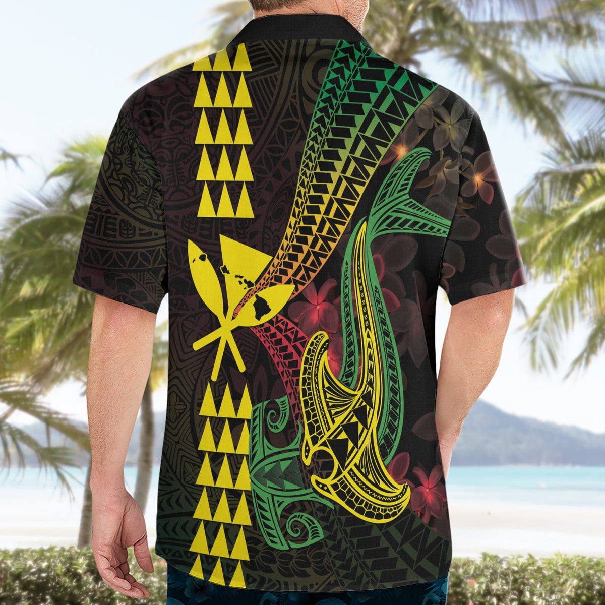 Hawaii Kakau Hammerhai Hawaiihemd Neon Plumeria Muster LT01