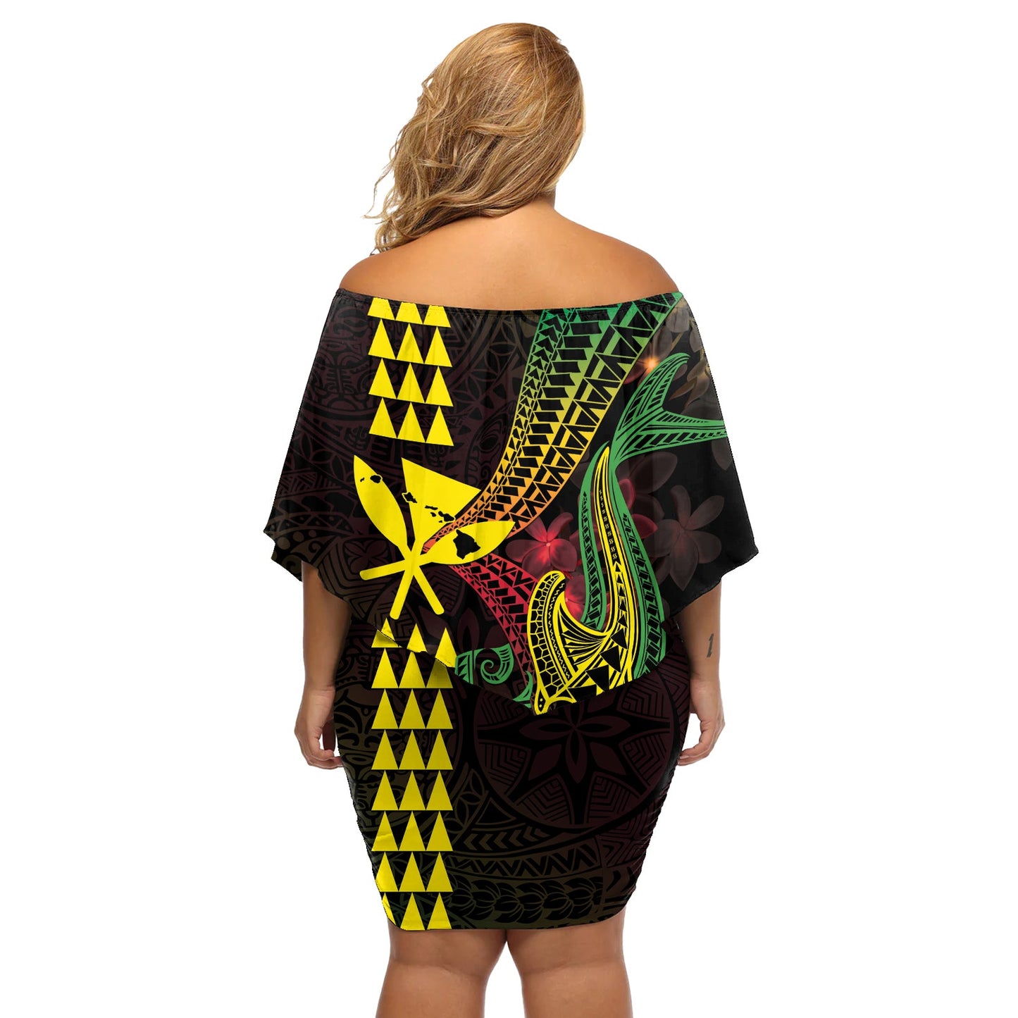Hawaii Kakau Hammerhai Schulterfreies Kurzes Kleid mit blumen Neon Plumeria Muster LT01