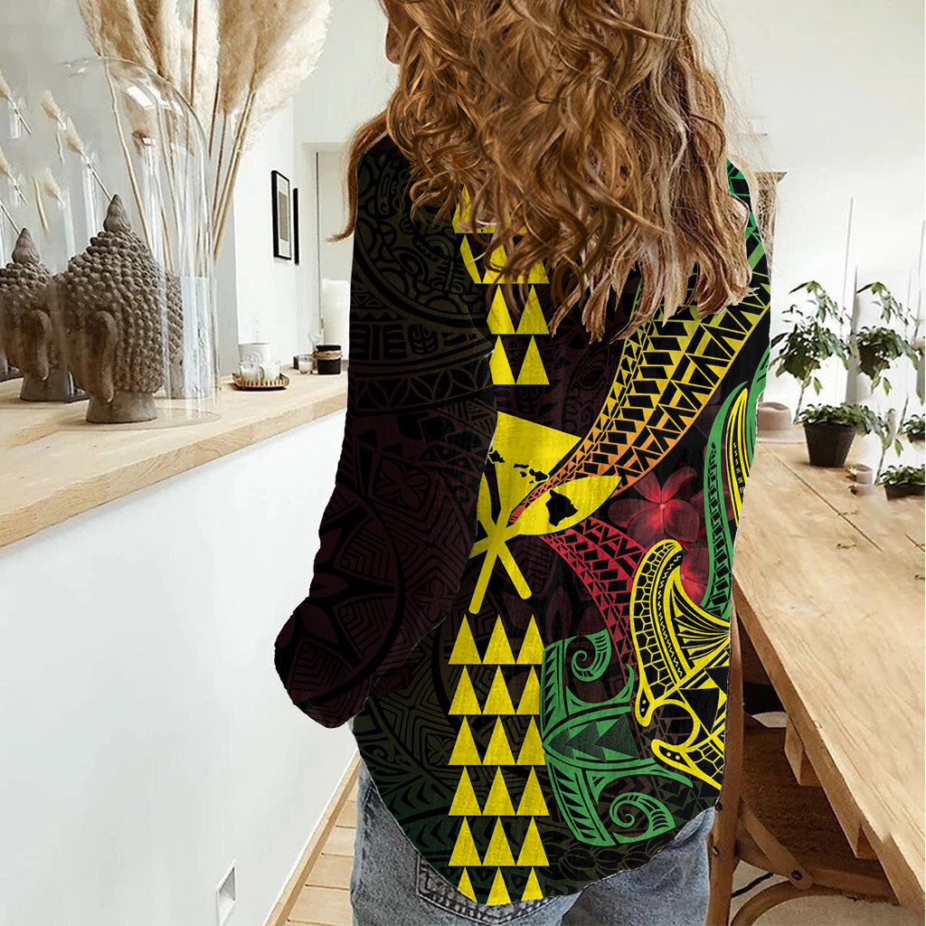 Hawaii Kakau Hammerhai Damen Freizeithemd Neon Plumeria Muster LT01