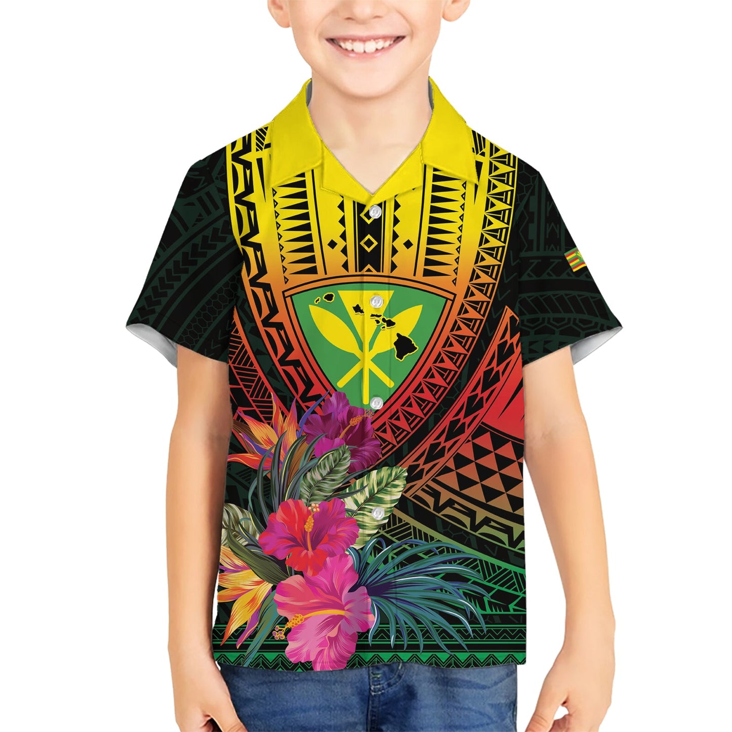 Hawaii Kanaka Maoli Flagge Tag Hawaiihemd Tropische Blumen LT01