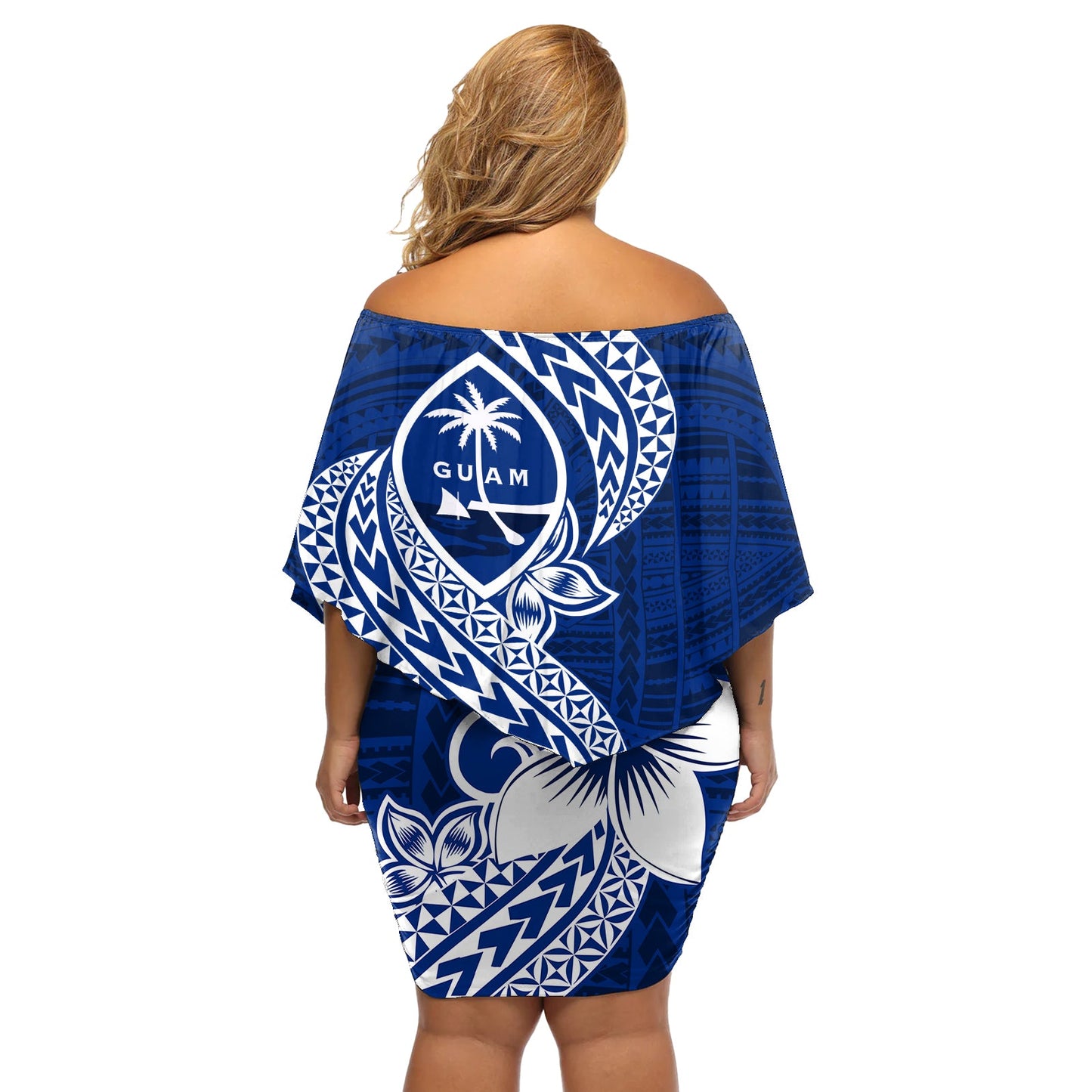 Hafa Adai Guam Schulterfreies Kurzes Kleid blumen Polynesisches Blumenmuster Blau LT01