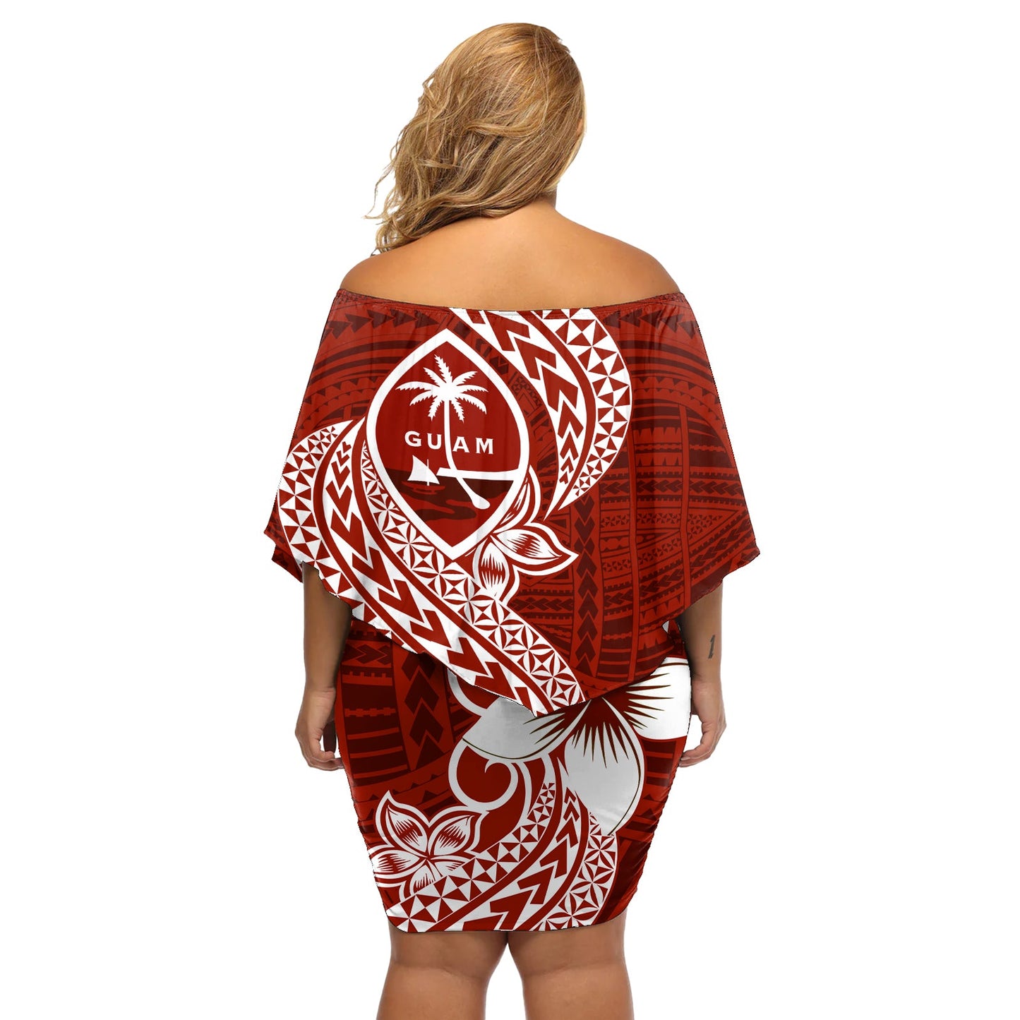 Hafa Adai Guam Schulterfreies Kurzes Kleid blumen Polynesisches Blumenmuster Rot LT01