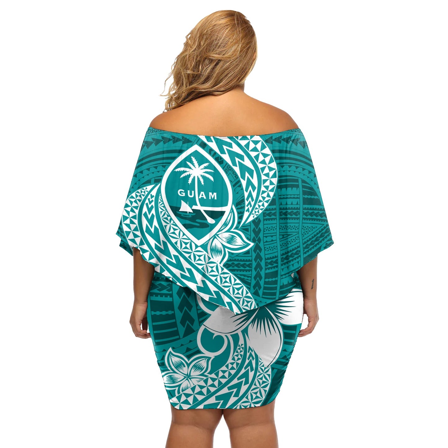 Hafa Adai Guam Schulterfreies kurzes Kleid blumen Polynesisches Blumenmuster Blaugrün LT01