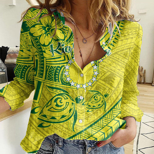 Kia Orana Cook Islands Women Casual Shirt Turtle Yellow Green Polynesian Pattern LT01 Female Green - Polynesian Pride