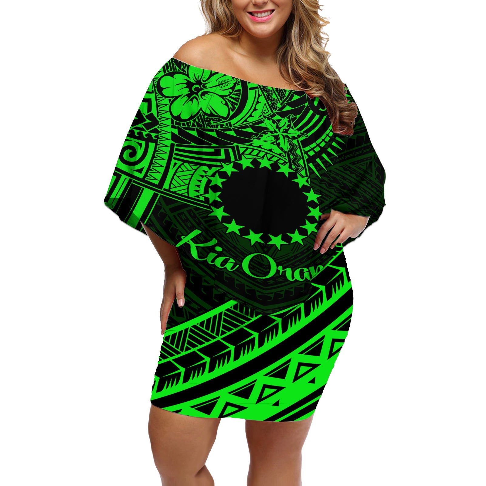 Kia Orana Cook Islands Off Shoulder Short Dress Circle Stars With Floral Green Pattern LT01 Women Green - Polynesian Pride