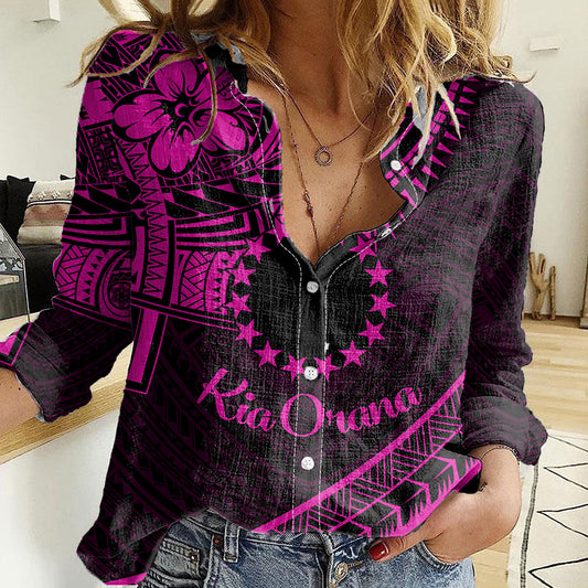 Kia Orana Cook Islands Women Casual Shirt Circle Stars With Floral Pink Pattern LT01 Female Pink - Polynesian Pride