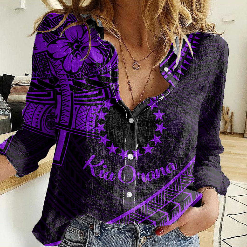 Kia Orana Cook Islands Women Casual Shirt Circle Stars With Floral Purple Pattern LT01 Female Purple - Polynesian Pride