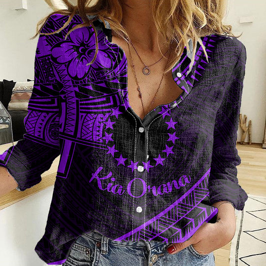 Kia Orana Cook Islands Women Casual Shirt Circle Stars With Floral Purple Pattern LT01 Female Purple - Polynesian Pride