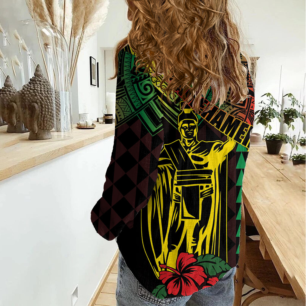 King Kamehameha Day Damen Freizeithemd Hawaii Kakau Reggae LT01
