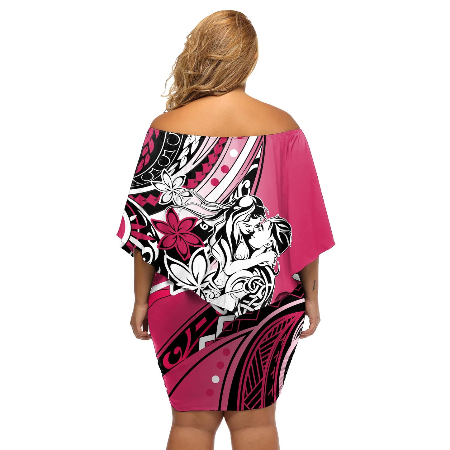 Polynesianisches Valentinstagskleid, schulterfrei, kurzes Kleid blumen, Paar, Blumenmuster, Unikat, rosa Version LT01