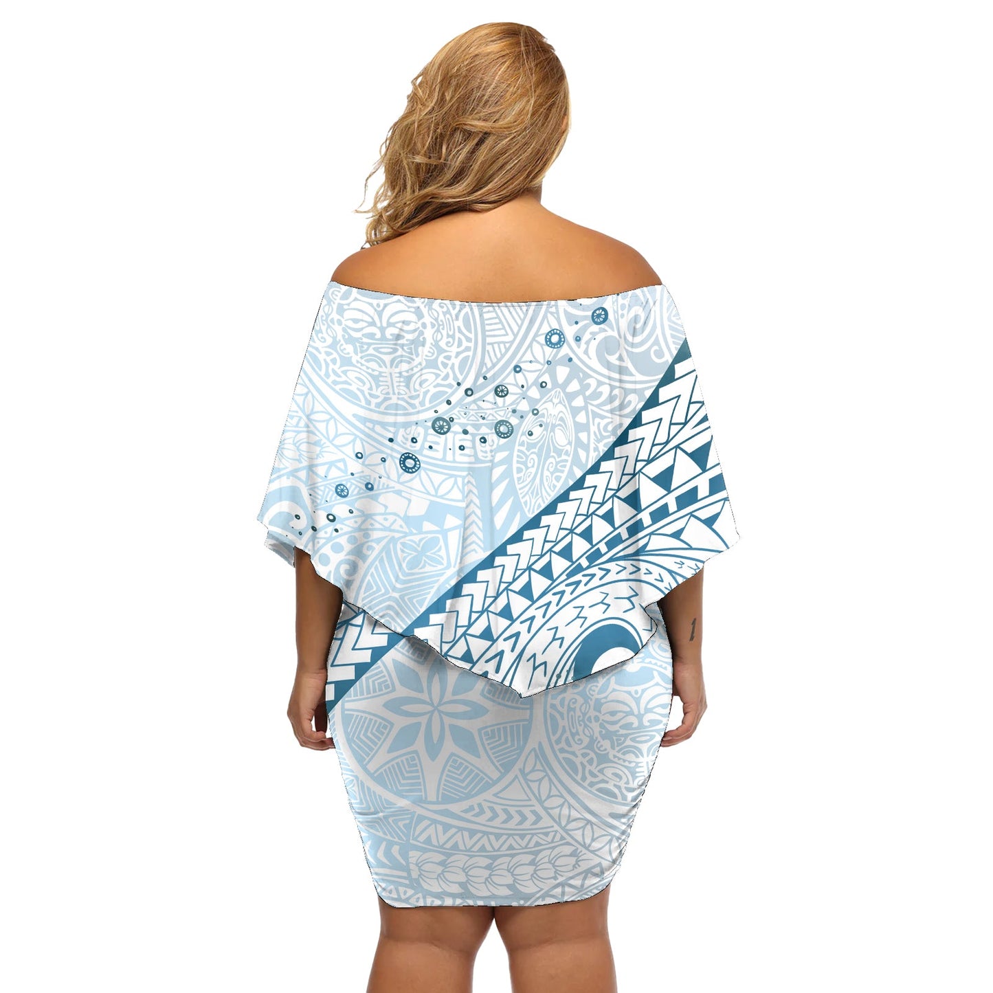 Pasifika Festival Off Shoulder Kurzes Kleid blumen Tribal Muster Blau Version LT01