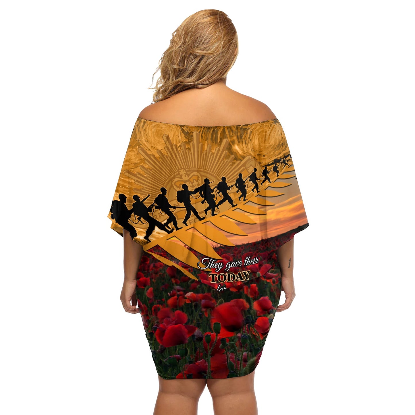 ANZAC Day 2024 Schulterfreies kurzes Kleid blumen Silberfarn mit einem Trompetensoldaten LT01