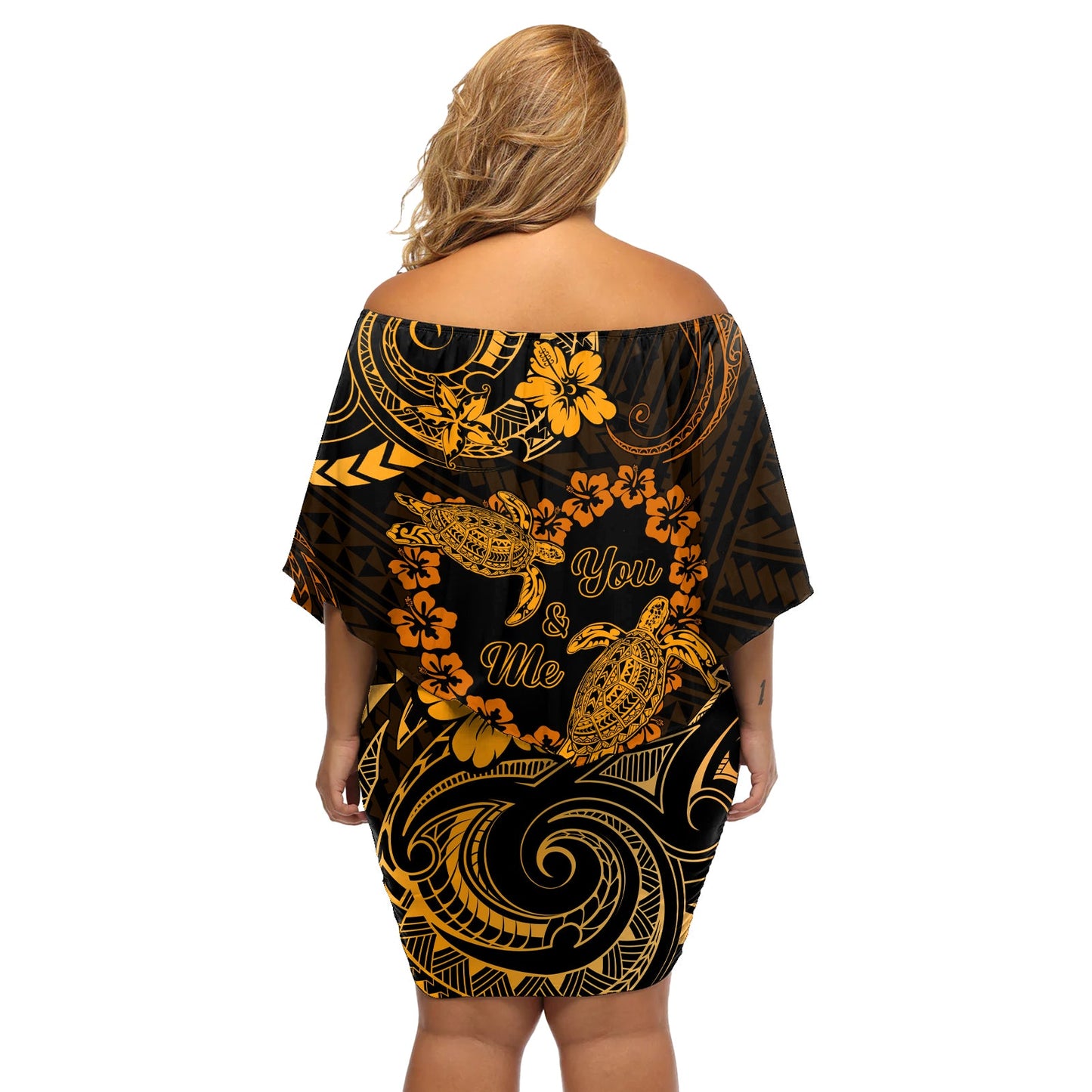 Polynesian Turtle Valentine Off Shoulder Kurzes Kleid blumen You And Me Gold Hibiscus Heart LT01