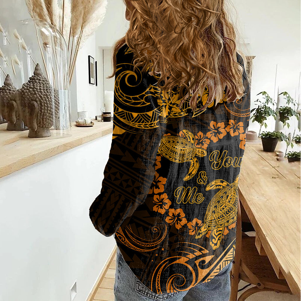 Polynesian Turtle Valentine Damen Casual Shirt You And Me Gold Hibiscus Herz LT01