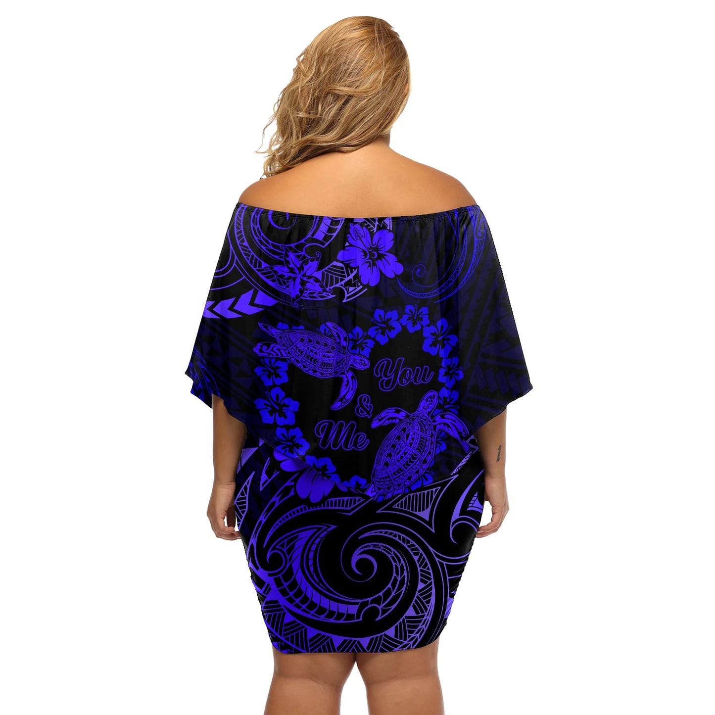 Polynesian Turtle Valentine Schulterfreies Kurzes Kleid blumen You And Me Marineblau Hibiskus Herz LT01