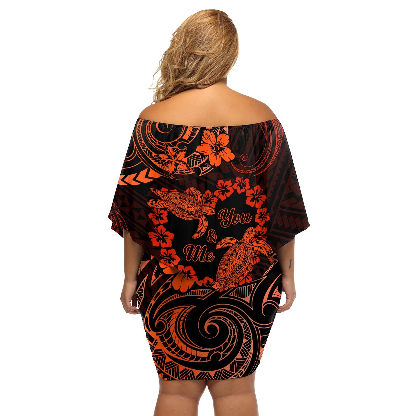 Polynesian Turtle Valentine Schulterfreies Kurzes Kleid blumen You And Me Orange Hibiscus Heart LT01