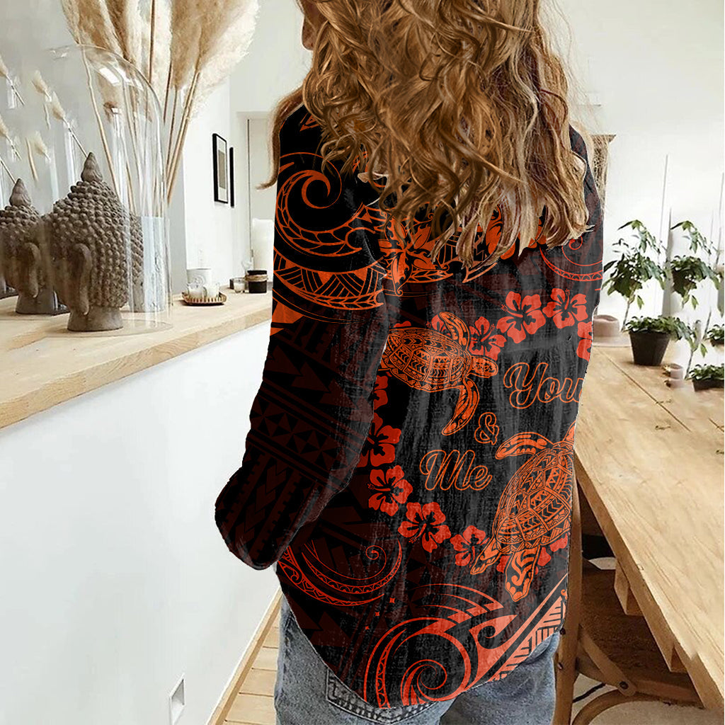 Polynesian Turtle Valentine Damen Casual Shirt You And Me Orange Hibiscus Herz LT01